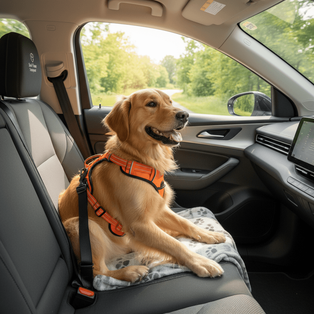 Happy pet riding safely in a BooRide vehicle